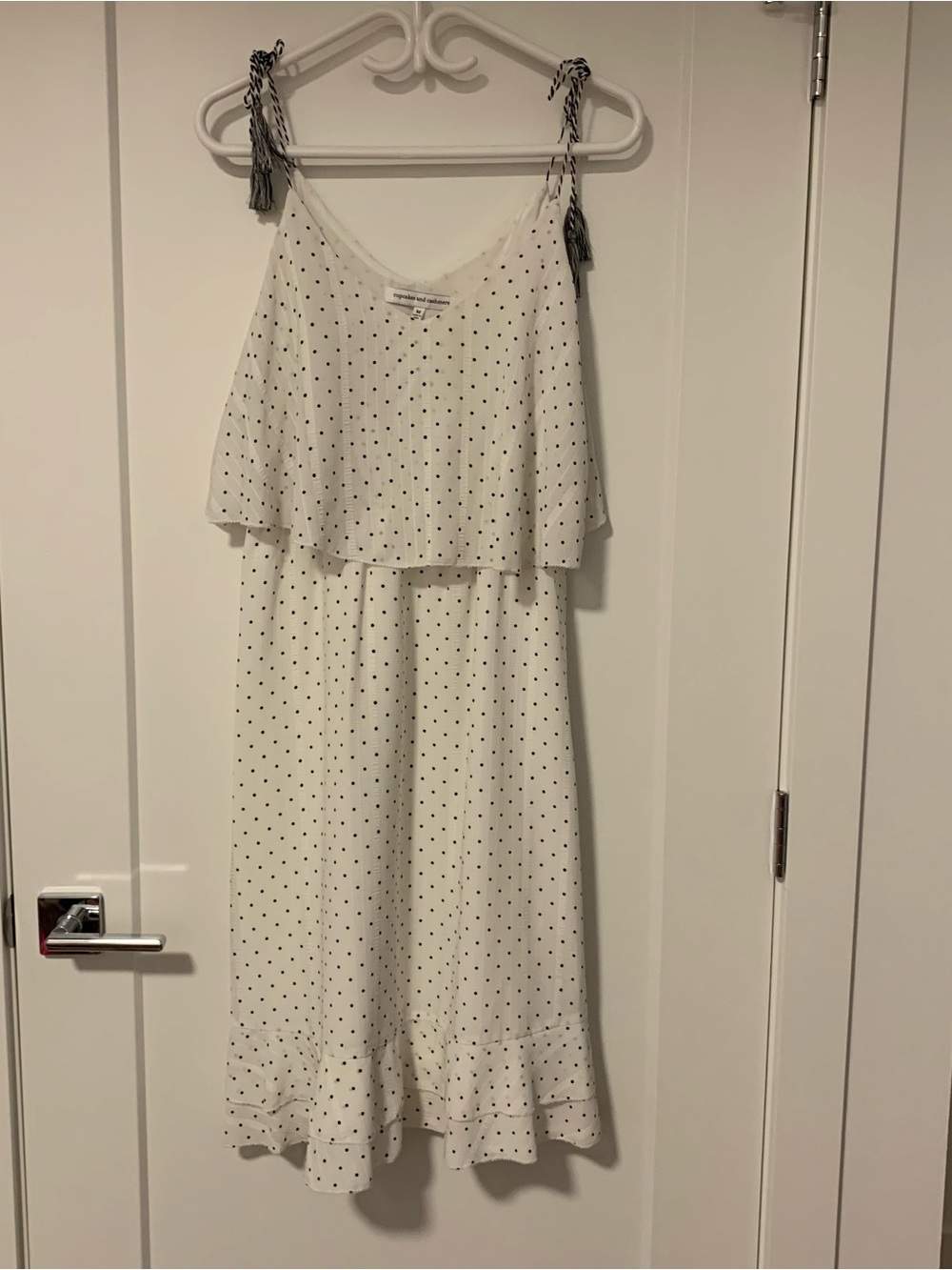 White Polka Dot Tiered Sundress with Tassel Straps With Lining